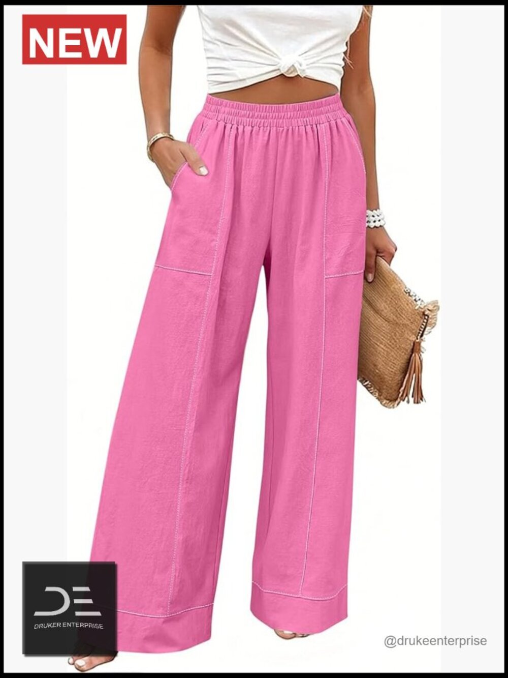 Elastic Waist Wide Leg Palazzo Pants with Pockets